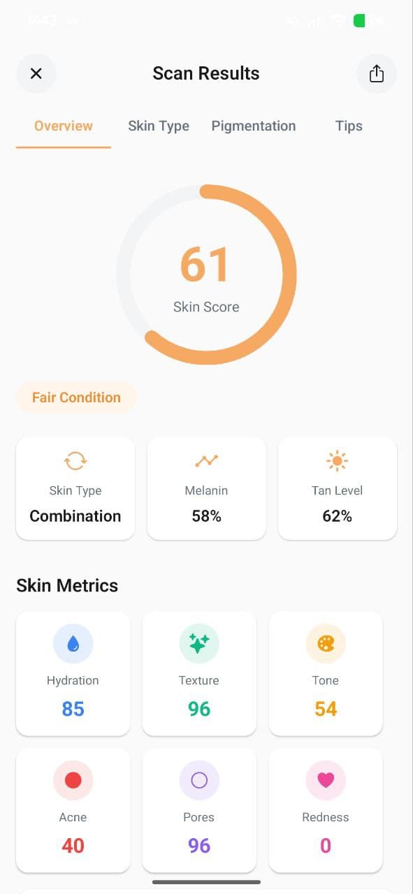 AISkincare scan screen with facial zone marks and score readouts